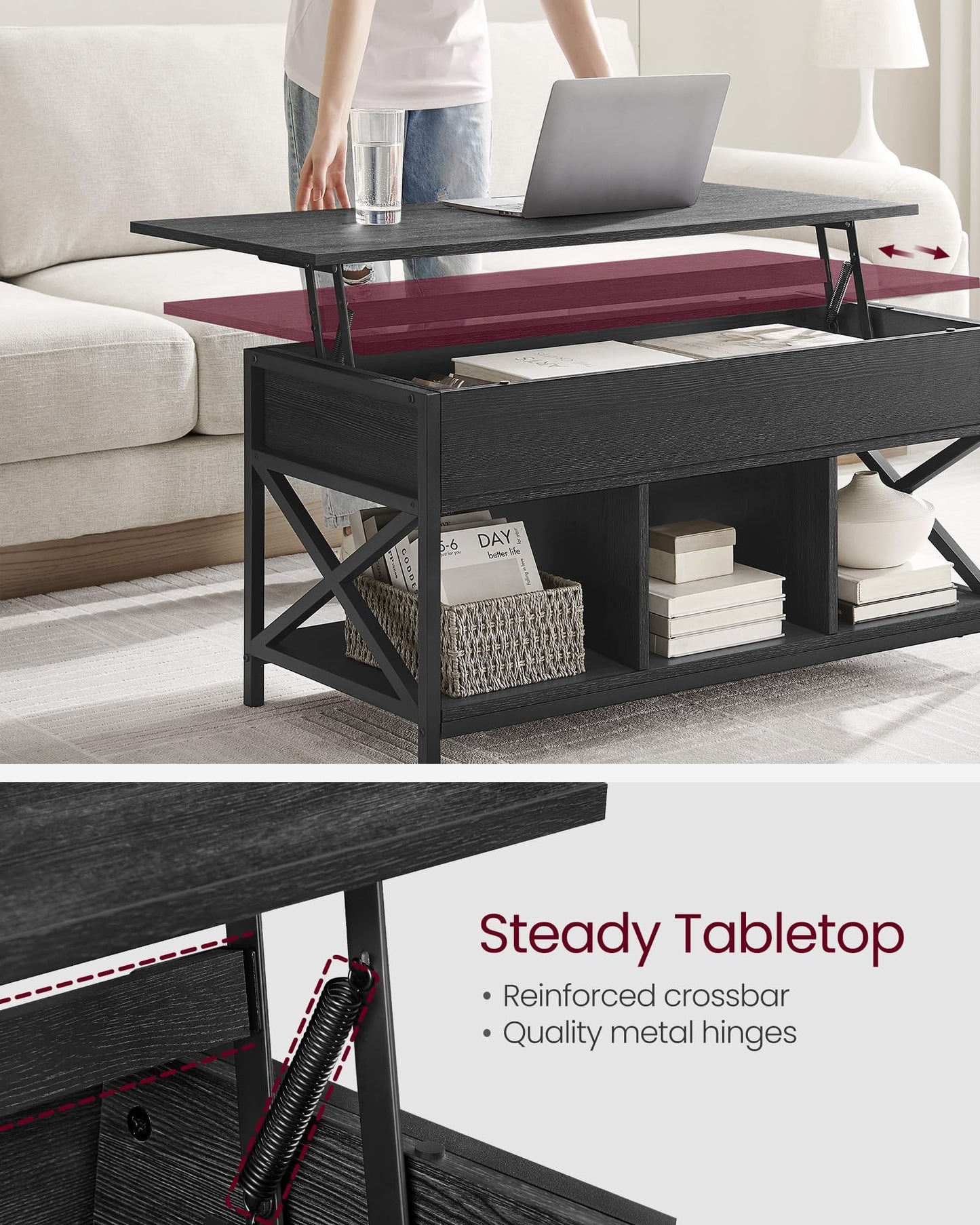 VASAGLE Coffee Table Lift Top, 3 in 1 Center Table with Storage, Gas Spring, 2 Drawers and 3 Hidden Compartments, Open Shelf, for Living Room, Home Office, Honey Brown and Rustic White ULCT254W01