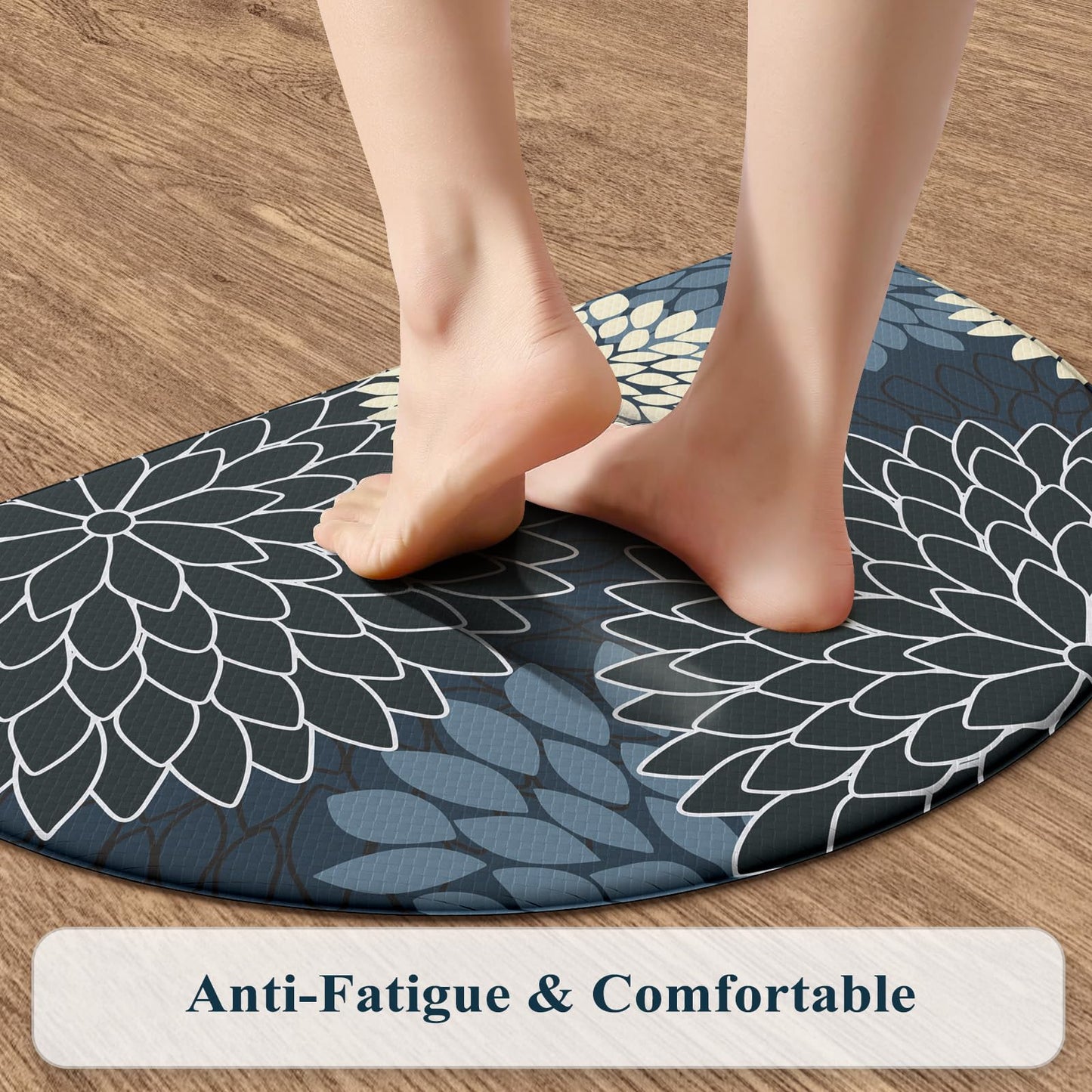 KIMODE Half Circle Kitchen Mats for Floor Cushioned Anti Fatigue,Semi Round Floral Boho Kitchen Rug Non Slip,Waterproof Kitchen Carpet Decor for Sink Laundry Bathroom,Blue Multi