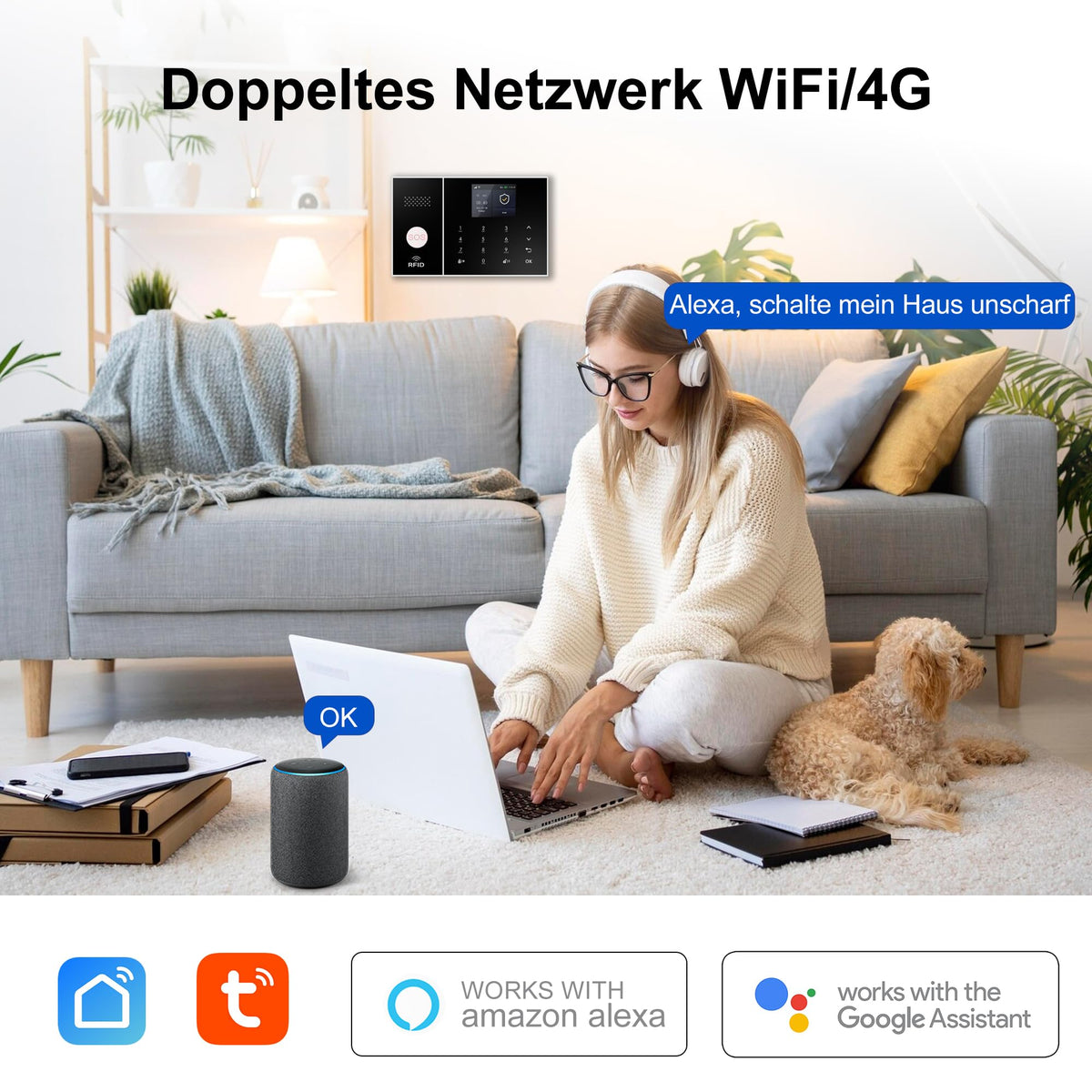 XUK Smart Home Security System,4G/GSM &WiFi Wireless Alarm Kit with Door/Window Sensors,PIR Motion Detectors,App Remote Control,Compatible with Alexa &Google Home,Easy Installation(13pcs Set)