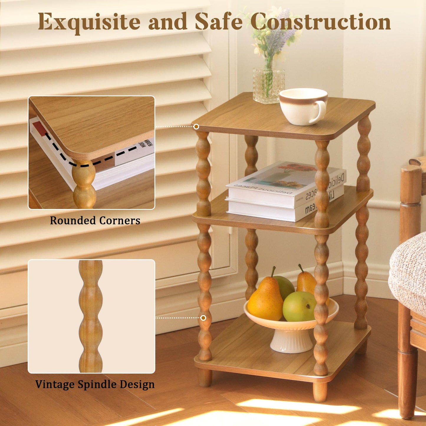 Fultyle End Table, Small Side Table with 3 Tier Open Shelf, Modern NightStand Accent Table for Small Spaces, Living Room and Office (Caramel Tan)