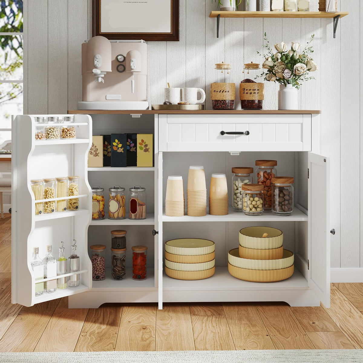 Gizoon Kitchen Coffee Bar Cabinet with Storage Kitchen Sideboard Buffet Cabinet with Drawers, Short Pantry with Door and Shelves for Bathroom and Living Room, White and Rustic