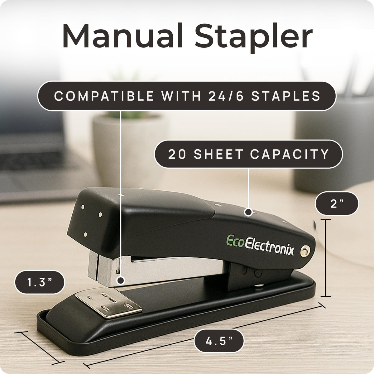 EcoElectronix Portable Stapler Bundle - 30 Sheet Capacity, Quiet Operation, Jam-Free and Easy Reload - AC Adapter/Battery Powered