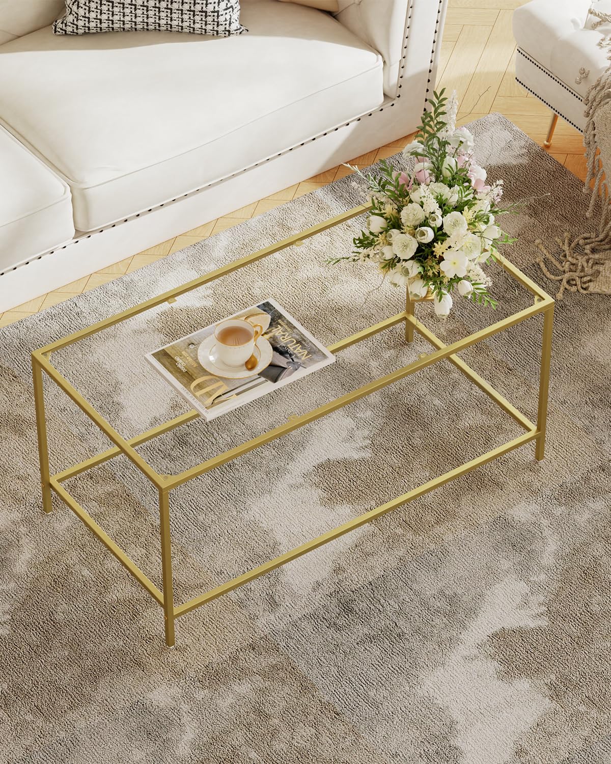 Homleke Glass Coffee Table, Modern Rectangular Coffee Table for Living Room, Minimalist Center Tea Table with Sturdy Metal Frame for Apartment, Office, Easy Assembly, 39.4 x 19.7 x 17.7 Inches, Golden