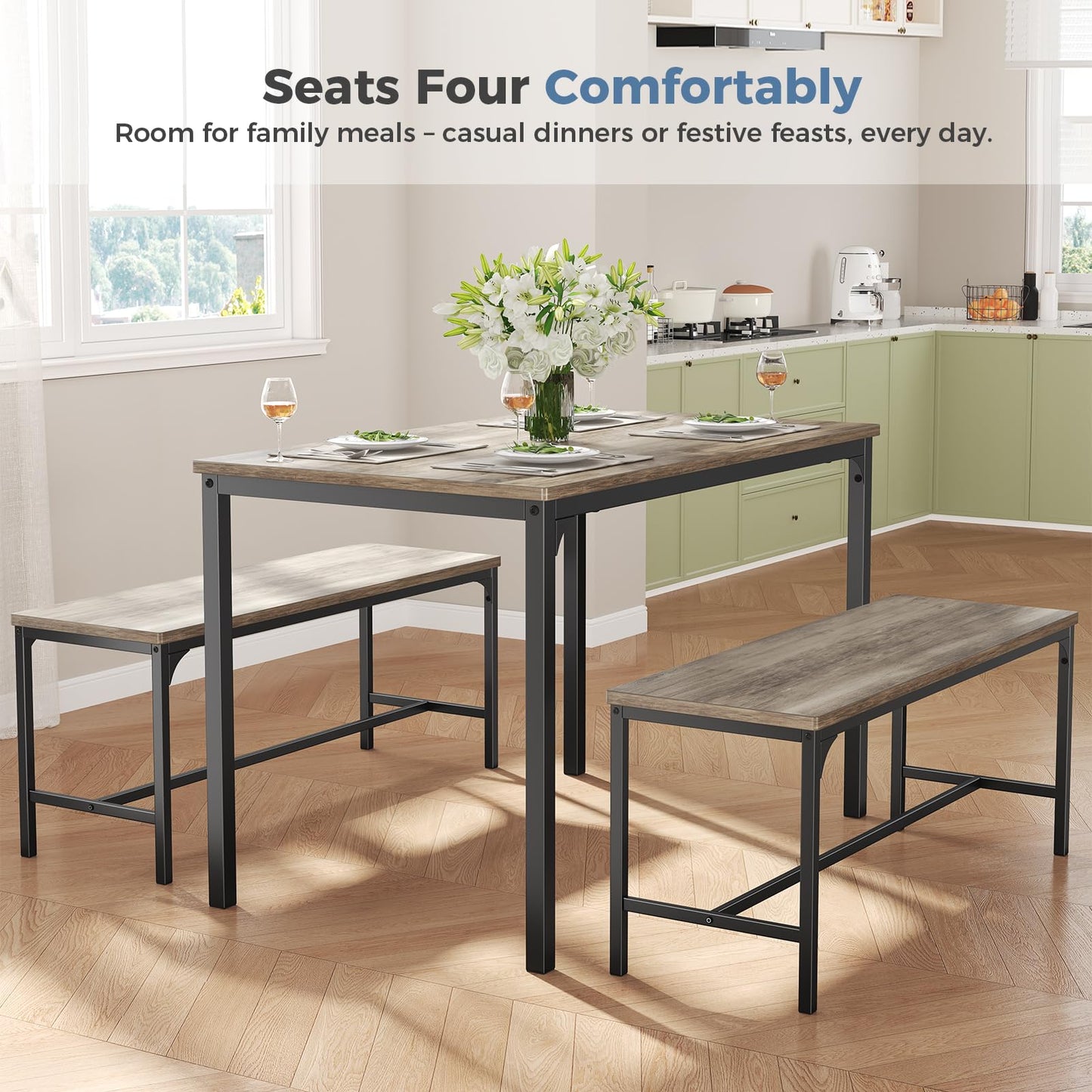 DUMOS Dining Table Set, Dining Table for 4 with Bench,Kitchen Table, Space-Saving Ideal 4-Person Set for Dining Room Kitchen Apartment Corner Grey 3 Pack