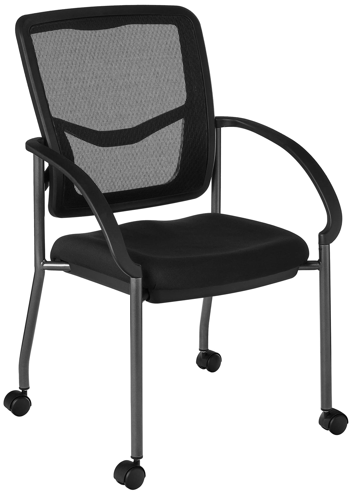 Office Star ProGrid Deluxe Stackable Visitor's Chair with Breathable Back and Padded Lumbar Support Seat, with Rolling Casters, Coal FreeFlex