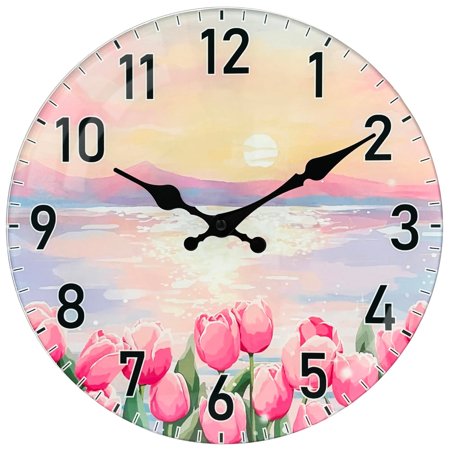 TGHHPC 12-Inch Spring Tulip Sunset Wall Clock, Silent Non-Ticking Battery Clock with Premium Glass Silent Movement Large Number Clocks for Romantic Bedroom Relaxing Living Room Office Kitchen Hotel