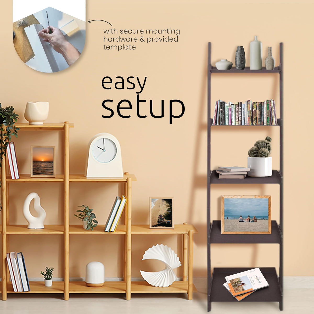 Kiera Grace Providence Hadfield 5 Tier Ladder Shelf, Leaning Bookshelf Storage Rack for Home, Office, 18" x 67", White