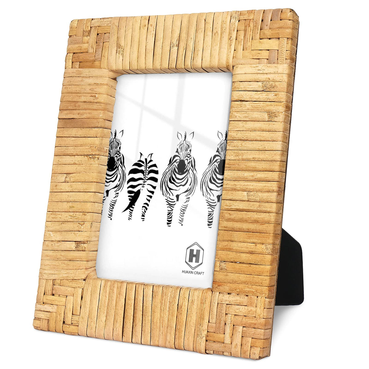 HUAXIN CRAFT H Rattan 4x6 Picture Frame, Boho Photo Frame, Cany Coastal Frame Stand Table Top Desk, High Definition Galss (4x6)