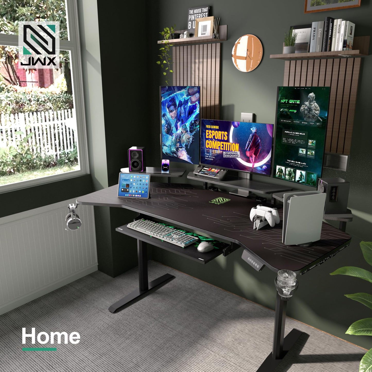 JWX 72" Height Adjustable Gaming Desk, 3-Zone Creator Workstation with Acrylic RGB Lighting, Keyboard Tray & Full Desk Mouse Pad, Dual Motor Sit Stand Desk for Streaming, Studio & Home Office