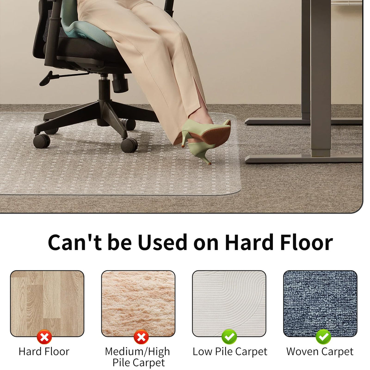 WASJOYE Office Chair Mat for Carpet, Desk Chair Mat for Carpet, Thick Computer Chair Mat with Non-Slip Studded for Home and Office Low Pile Carpet, 48" x 60"