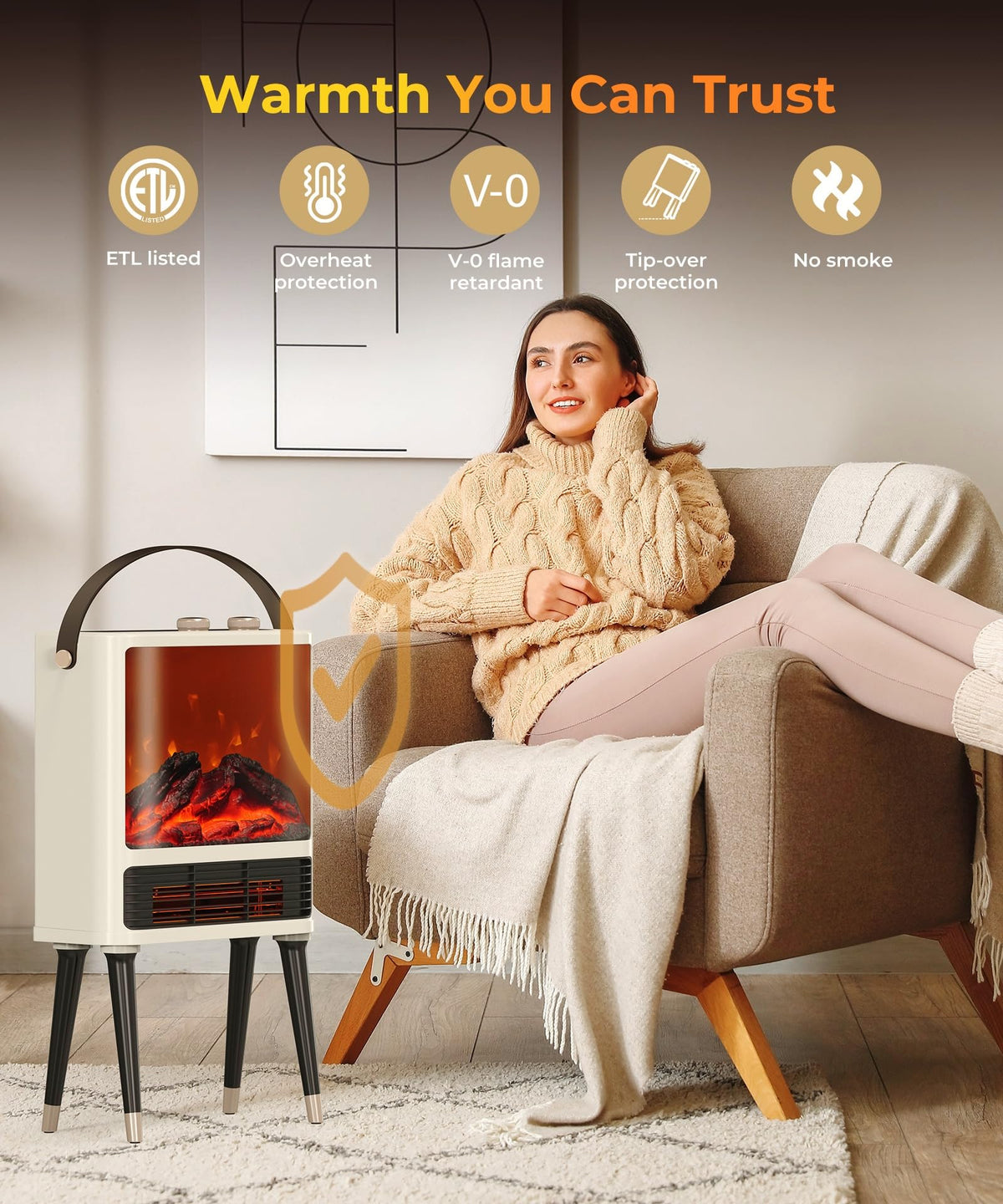 Fireplace Space Heater for Indoor Use, 1500W Freestanding Electric Heater with Realistic 3D LED Flame, 3 Modes, Overheating & Tip-Over Protection, Small Portable Heater for Bedroom Room Office, White