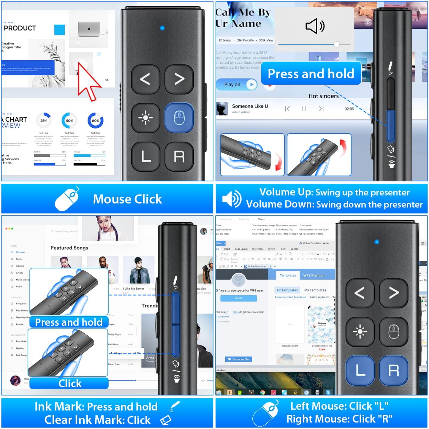 Presentation Clicker with Air Mouse - USB C Wireless Presenter Remote Clicker with Light Pointer, PowerPoint Clicker for Presentation, Computer Pointer Clicker Slide Advancer for Mac,Laptop, Black