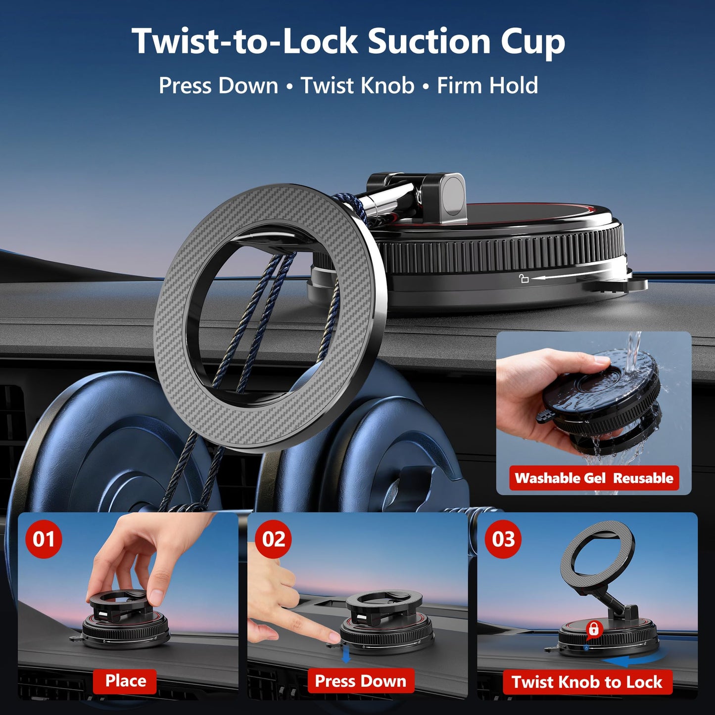 NotiXas Car Phone Holder Mount, 108LBS Vacuum Suction for MagSafe Car Mount, 3000gf Magnetic 360° Adjustable Carbon Fiber Phone Holders for Your Car for iPhone 17 Pro Ma/17/16/15/14/13/12, Desk & Gym
