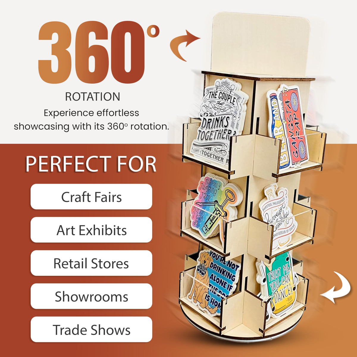 Rotating Display Stand, 3 Tier Wooden Organizer, 4-Sided Display Rack, 360 degree Spinning Multi-Pocket Tabletop Display Stand for Coasters, Stickers, Retail, Showcase, Tradeshow, 17”H, Natural