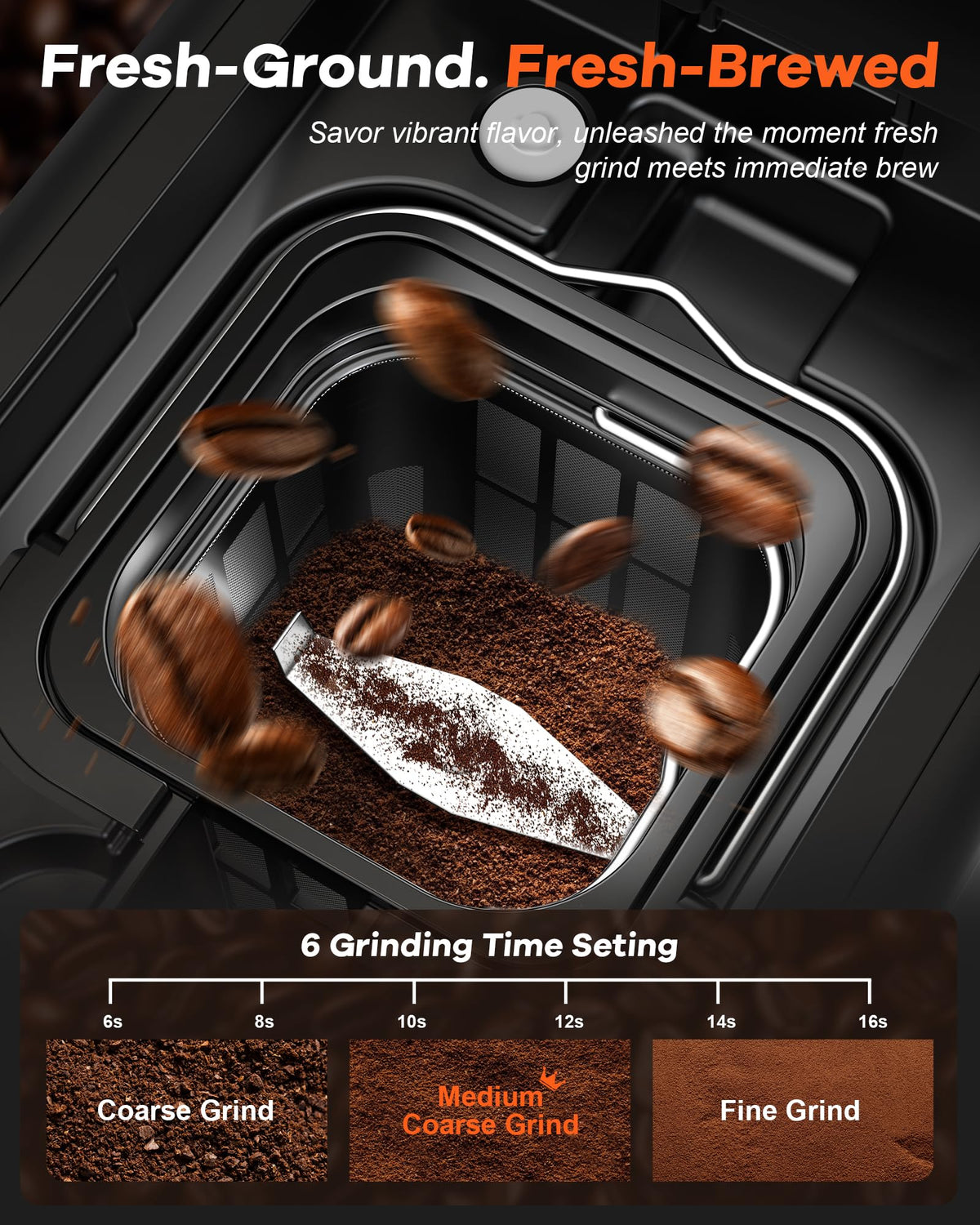 Horavie Single Serve Coffee Maker with Built-in Grinder, Fast Brew 6-16oz Single Cup for Whole Beans, Grounds, K Pod, Grind and Brew Coffee Maker with 47oz Water Tank, Descaling Alert, Black