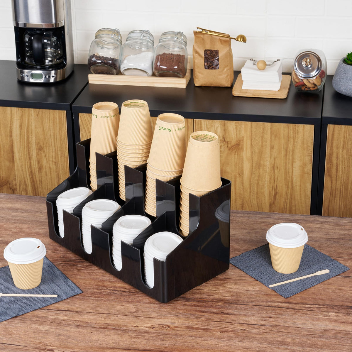 Restaurantware Restpresso Coffee Bar Organizer, 1 Count Durable 8 Compartments, Compact Size, Black Plastic Tabletop Coffee Supplies Organizer For Homes, Office Spaces, Breakrooms, and Lounges