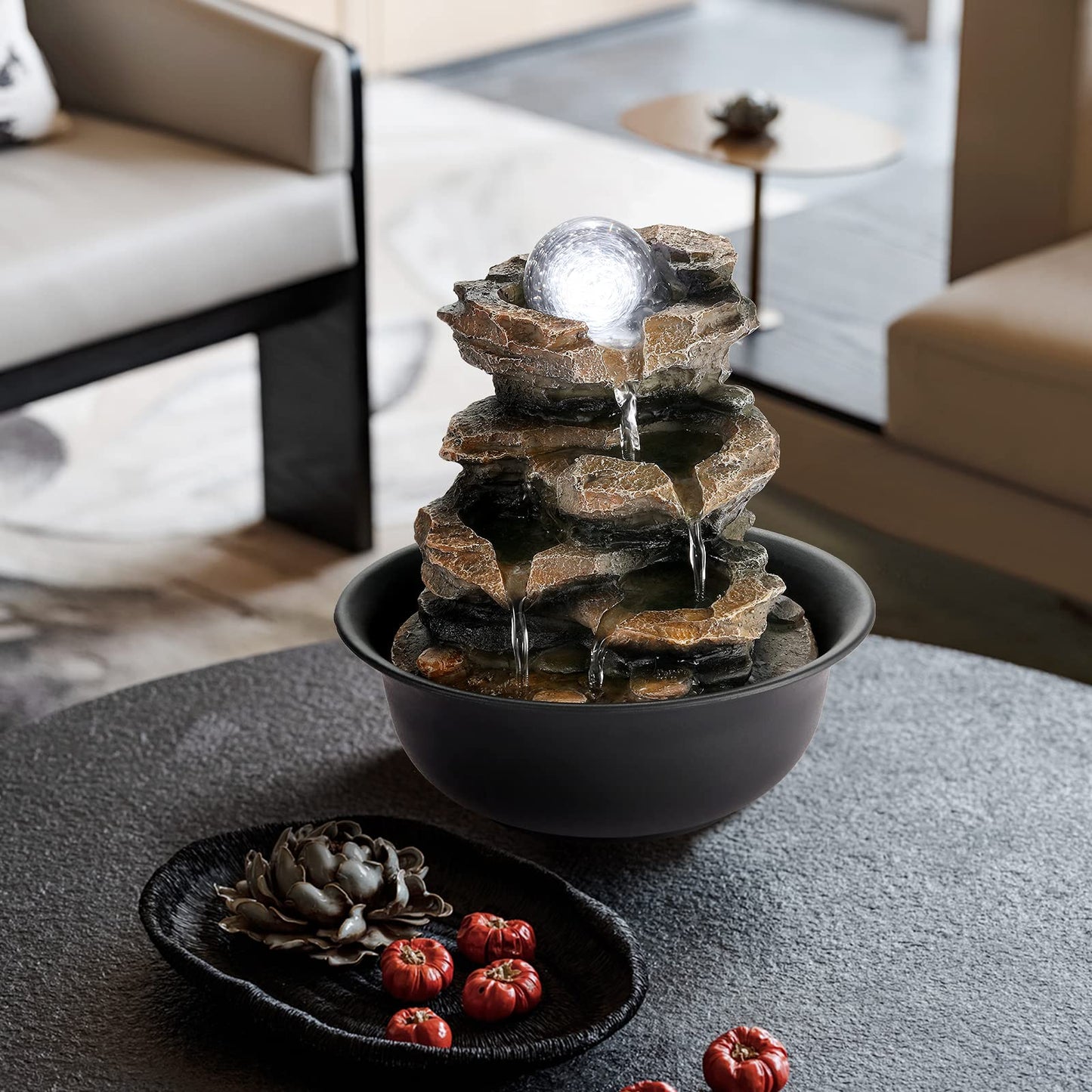 WICHEMI Tabletop Fountain Warer Fountains Indoor Waterfall Fountain Indoor Relaxing Water Feature Meditation Fountains with LED Light for Home Office Bedroom Decor (Style 5)