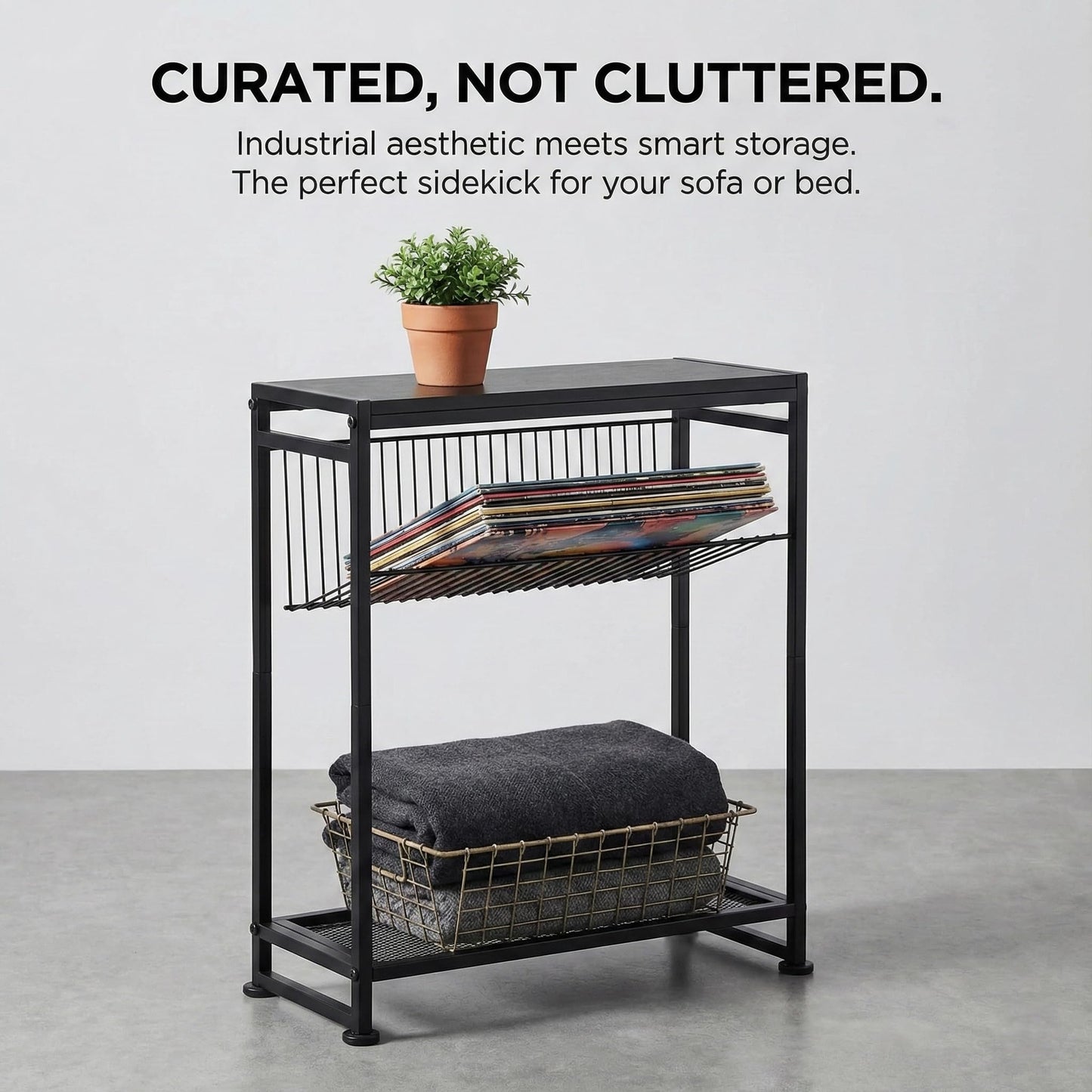 Dulcii Small Side Table for Small Spaces - Slim End Table with Magazine Holder - 2 in 1 Design Narrow End Table Living Room - Skinny Bedside Table Nightstand Bedroom Thin Side Table, Black