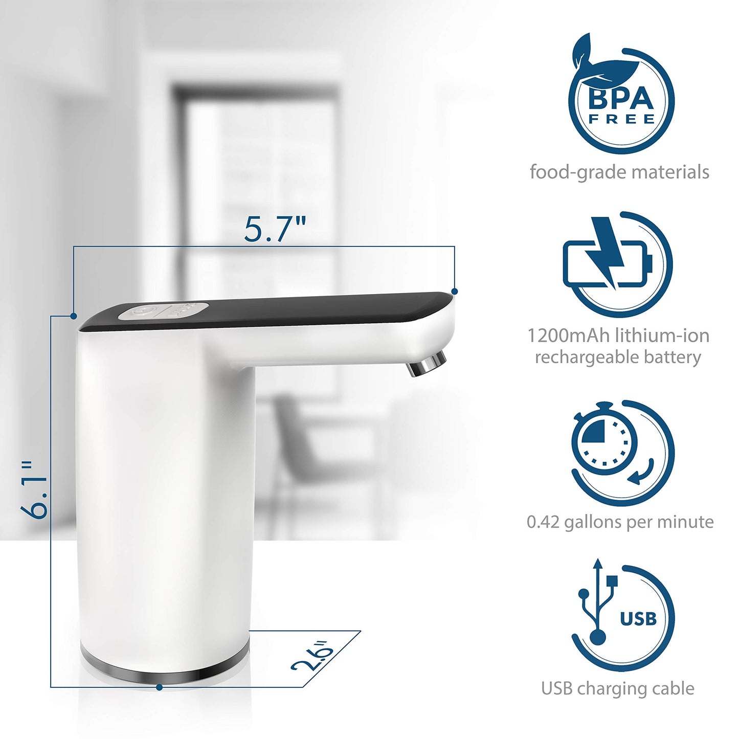 HotFrost Electric Water Pump for 5 Gallon Jug – USB Charging Drinking Dispenser - Low Noise – BPA-Free Food-Grade Materials, Chrome-Plated Spout, 1 Cup Option, Pours 4 to 5 Jugs Per Charge