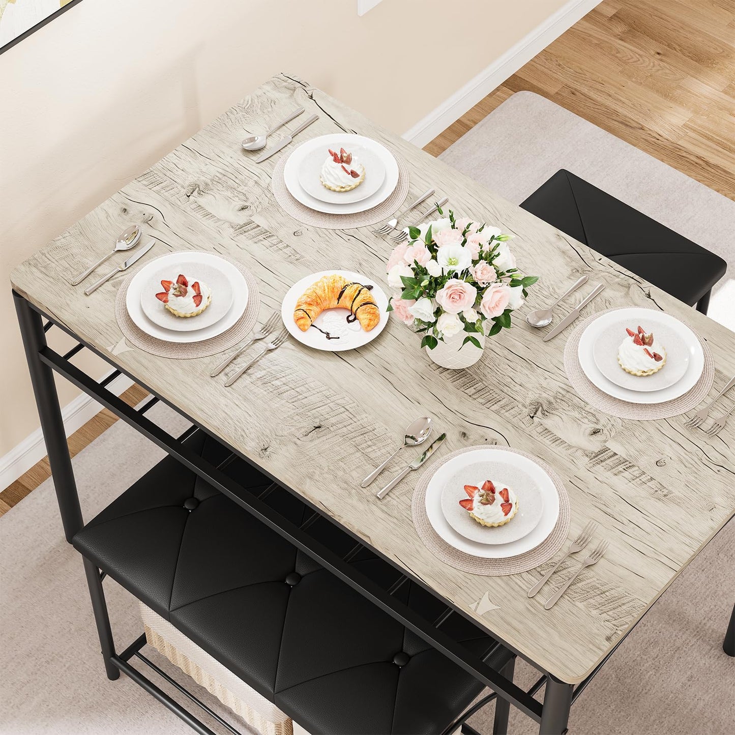 Hetoy Space-Saving 4-Piece Dining Table Set – Modern Table with Upholstered Bench & 2 Stools – Strong Wood & Metal Frame, Storage Shelf, Great for Small Dining Areas – Teak Oak Top + Black Legs