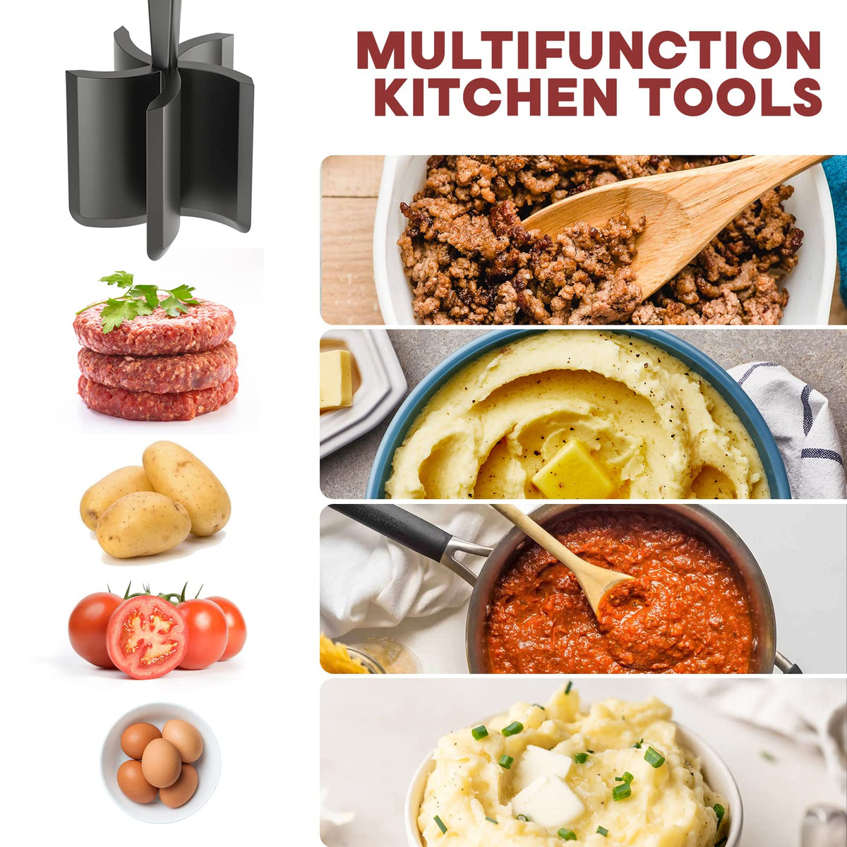 Meat Chopper, Hamburger Grinder, Premium Heat Resistant Smasher for Ground Beef, Burger Grinder Nylon Potato Mix Tool, Meat & Poultry Tenderizers-Black