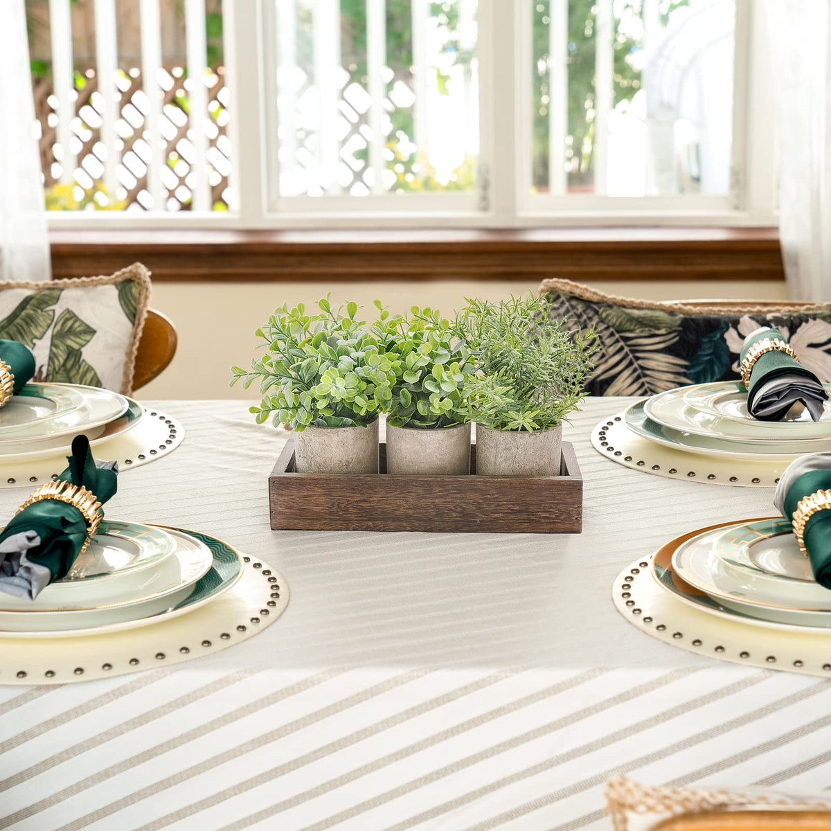 Dahey 3 Pack Mini Potted Artificial Eucalyptus Fake Plants with Wood Tray Centerpiece Table Decorations, Farmhouse Pulp Flower Pots Greenery Home Decor for Coffee Table Dining Room Office Kitchen