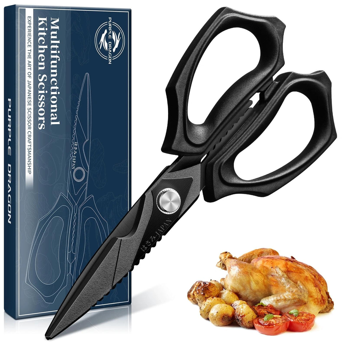 Purple Dragon Kitchen Scissors for Food - Stainless Steel Cooking Scissors All Purpose - Kitchen Shear Heavy Duty for Meat Cutting - Dishwasher Safe - Gifts for Mom - Black Sharp Blade