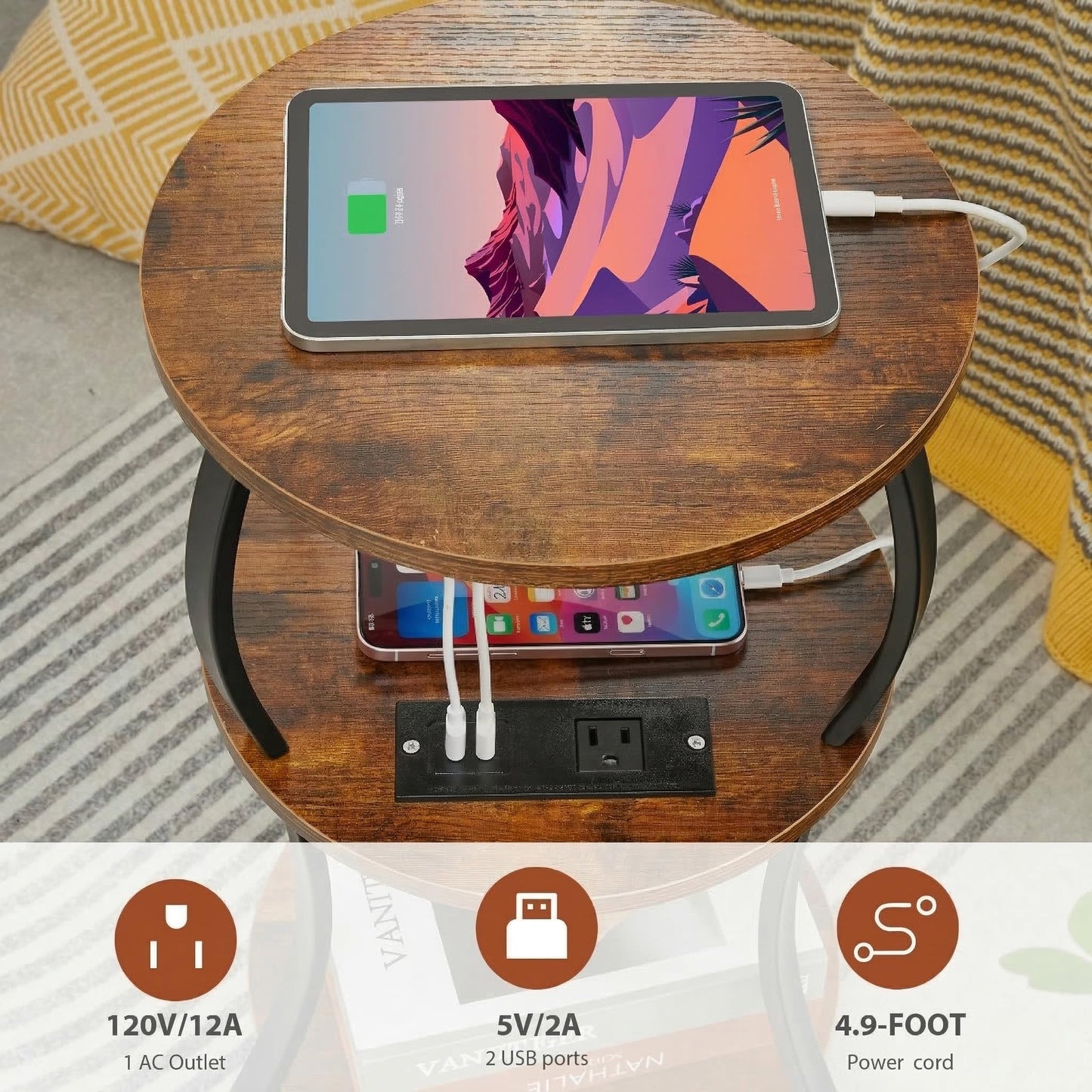 Small Round Side Table with Charging Station, 3-Tier Waist Circular End Table with Storage Shelf, Compact Tea Sofa Side Table Small Spaces, Round Corner Coffee Table for Living Room Bedroon,Brown