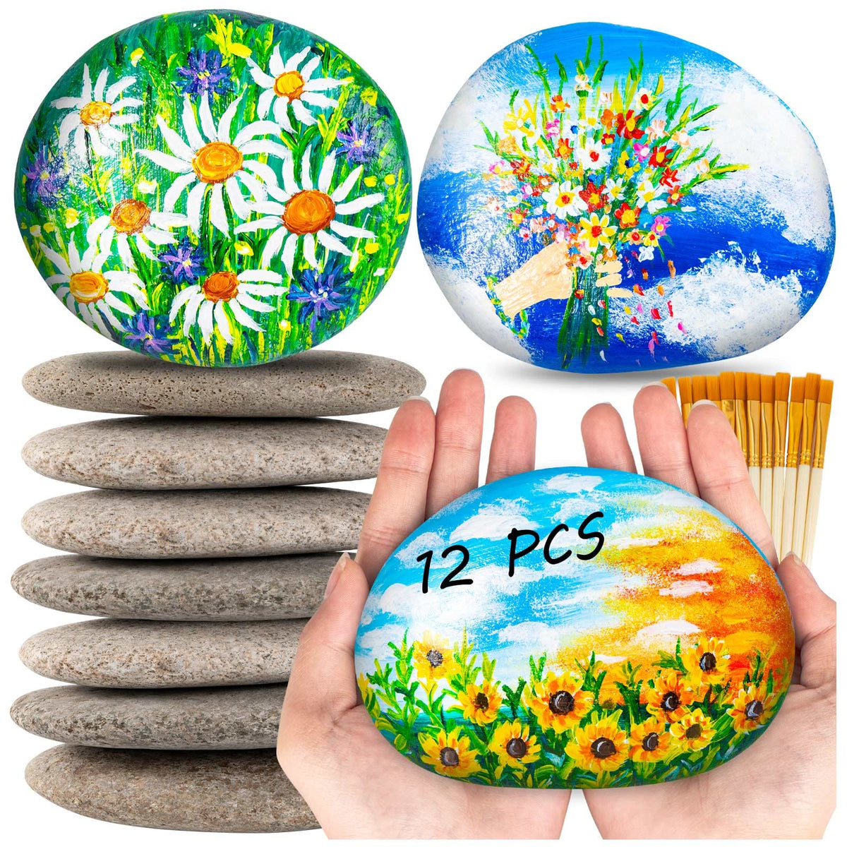 12PCS Large Rocks for Painting, River Rock Painting Stones Smooth Flat Rocks with 12PCS Paint Brushes for Paintings, Natural Rock to Paint for Arts DIY Crafts (3.5-4.8inch)