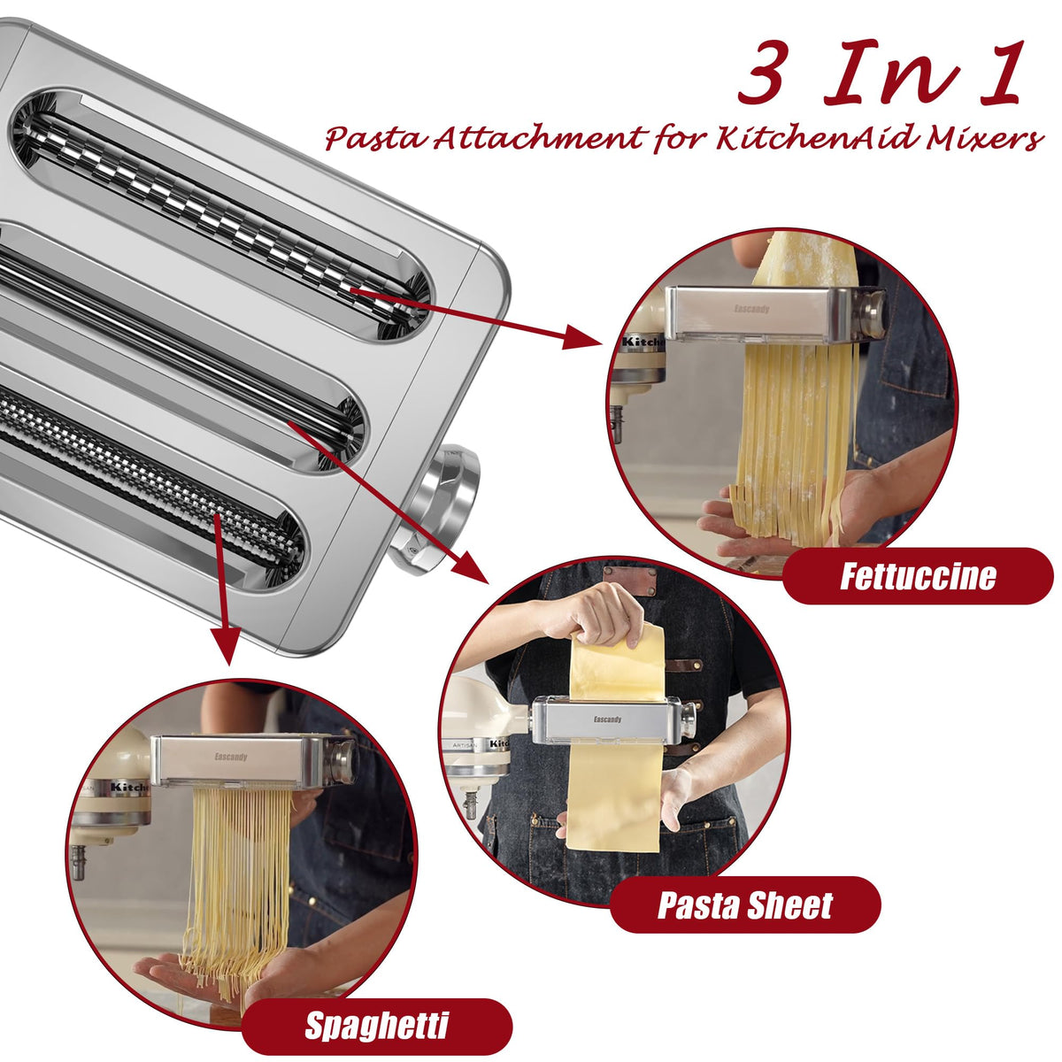 All Metal Pasta Maker Attachment for KitchenAid, 3 In 1 Pasta Attachment for Kitchen Aid Stand Mixer, 8 Gears Adjustable Pasta Roller Attachment for Fettuccine Linguine Pasta Sheets.