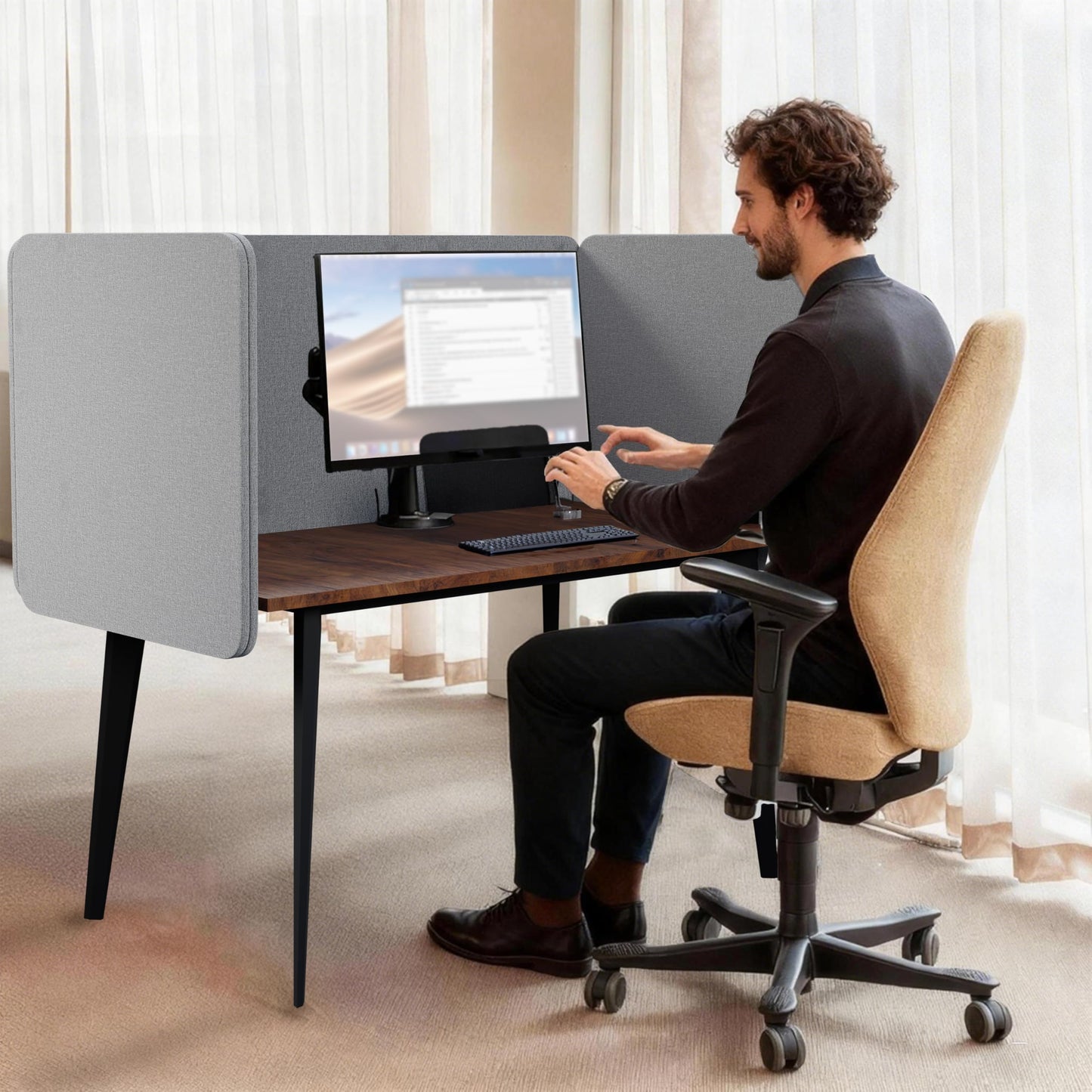 KERRAM Desk Privacy Panel 24 x 60 Inch, Sound Absorbing & Proof Desk Divider for Office, Clamp-on/Screw-on Acoustic Desk Back Panel Partition, Gray