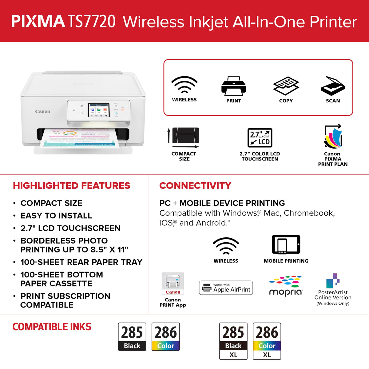 Canon PIXMA TS7720 Wireless All-in-One Color Inkjet Printer – Print, Copy, Scan – Auto Duplex, 15/10 PPM, 2.7” Touchscreen, Compact Home Photo Printer with Easy Setup