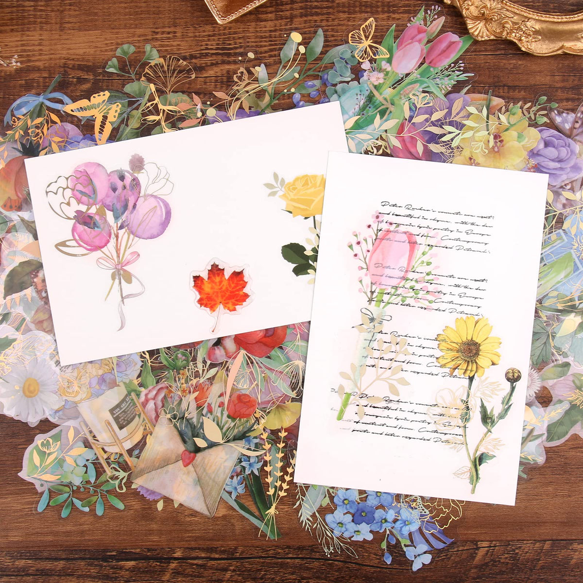 Dizdkizd Gilding Flower Stickers (240 Pieces) - Glitter Watercolor Transparent Stickers for Card Making Scrapbooking Envelopes Wrapped Gifts Arts and Crafts Journaling