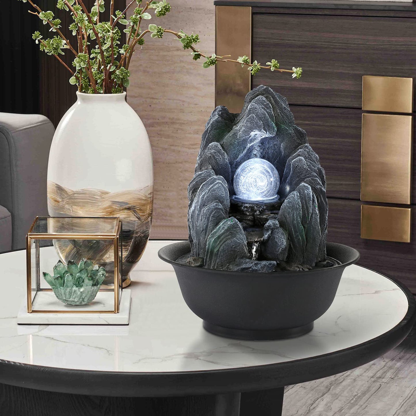 WICHEMI Water Fountains Indoor Waterfall Fountain Tabletop Fountain with LED Rolling Ball Stacked Rocks Indoor Water Feature Zen Meditation for Home and Office Indoor Spaces Decor (Style 19)
