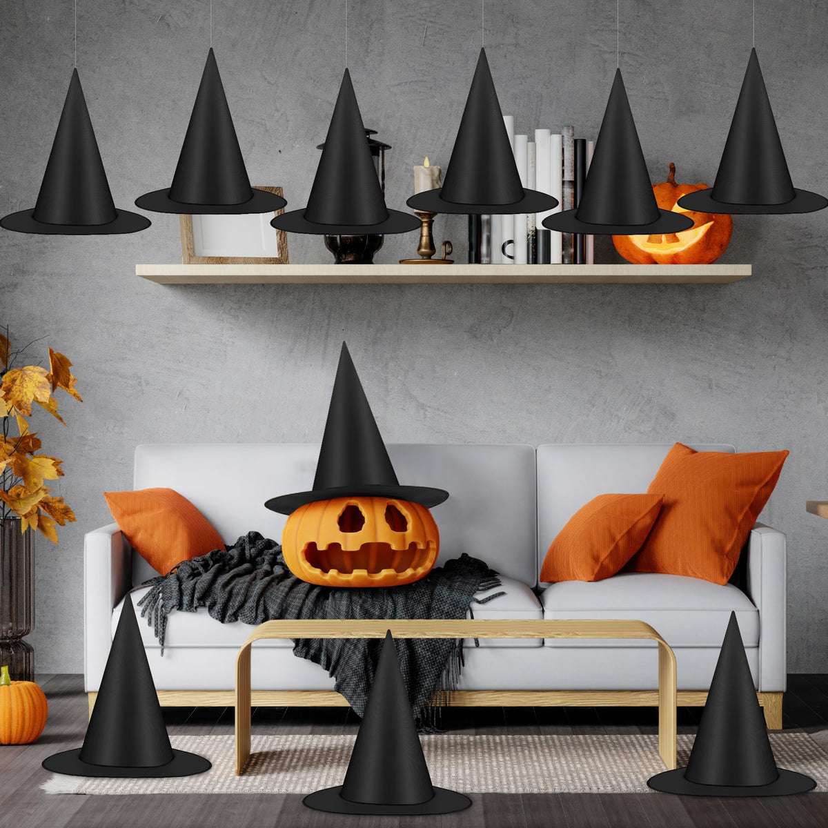 Luces 30 PCS Black Witch Hats, Witches Halloween Decor, Thickened Hanging Wizard Hat with 492 FT Rope Costume Accessory Floating Witches Hats Outdoor, Halloween Birthday Party Decorations Front Porch