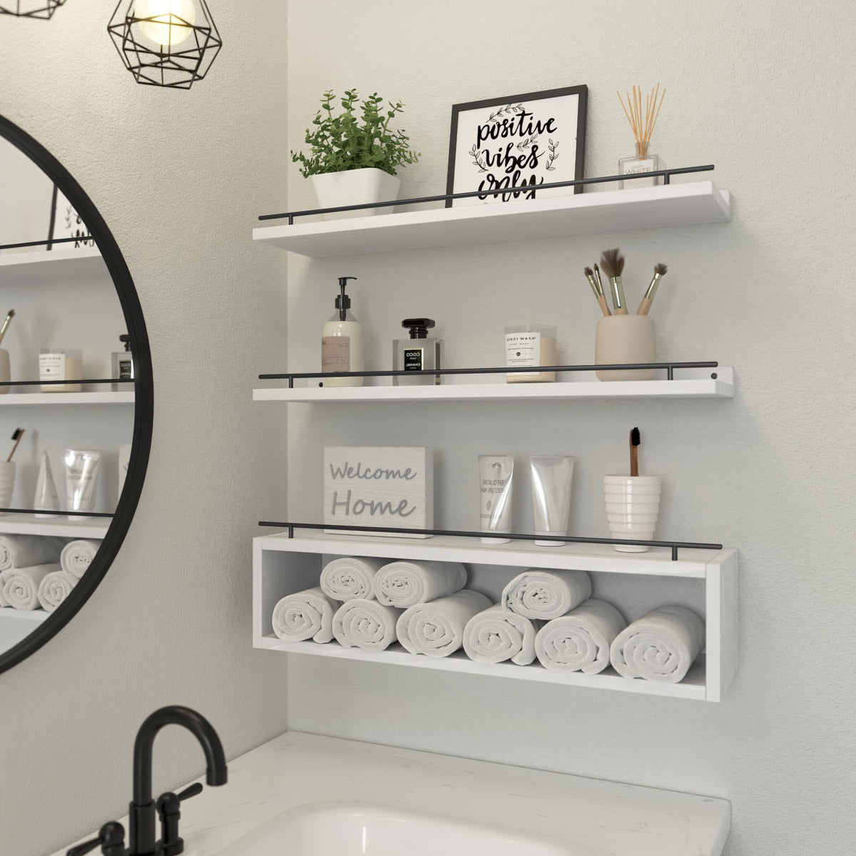 WOPITUES Floating Shelves for Wall 24 inch with Cube Shelf, Wall Shelves with Metal Rail for Bathroom Decor, Bathroom Organizers and Storage, Over Toilet Shelves, Toilet Paper-White