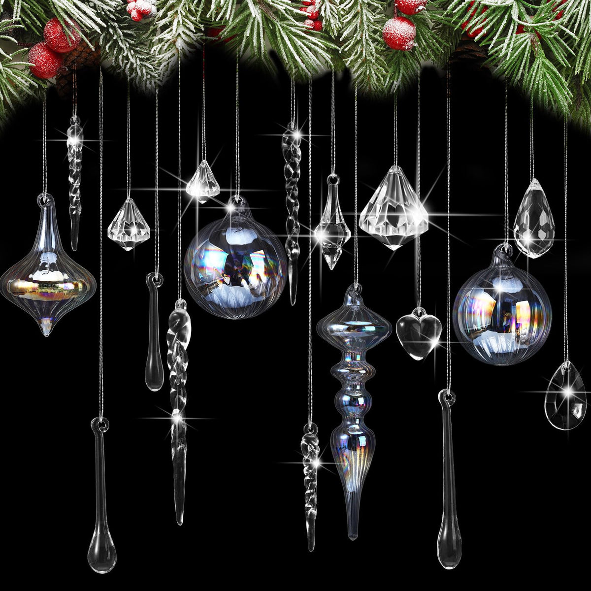 Civaner 32 Pcs Christmas Crystal Ornaments Hanging Clear Glass Plastic Hanging Decor Christmas Icicle Drop Crystal Ornaments for Xmas Tree Winter New Year Party Supplies (Holographic)