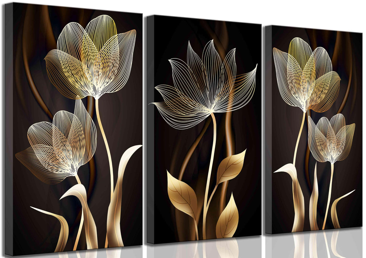 3 Pieces Modern Abstract Brown Flowers Canvas Wall Art Minimalism Black and Gold Floral Painting Pictures Luxury Wall Decor Posters Print Artwork for living room Office Bedroom Home Decoration