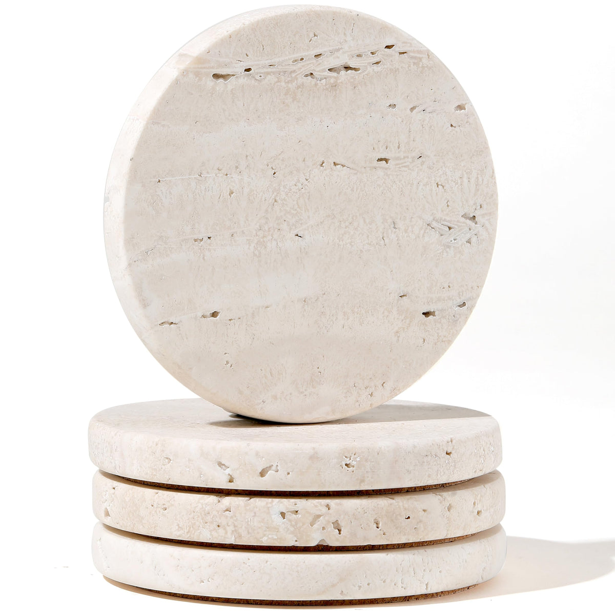 White Travertine Coasters - Set of 4 Round 4” Diameter Drink Marble Coasters for Housewarming Gift, Anniversary, Office - Protect Countertops from Stains - Sturdy and Durable Aesthetics