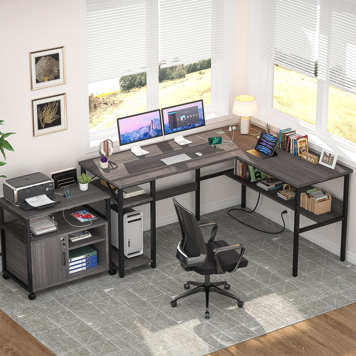 Unikito Reversible L Shaped Desk with Magic Power Outlets and USB Charging Ports, Sturdy Corner Computer Desk with Storage Shelves, Gaming Table Home Office Desk, Easy to Assemble, Enoch Walnut