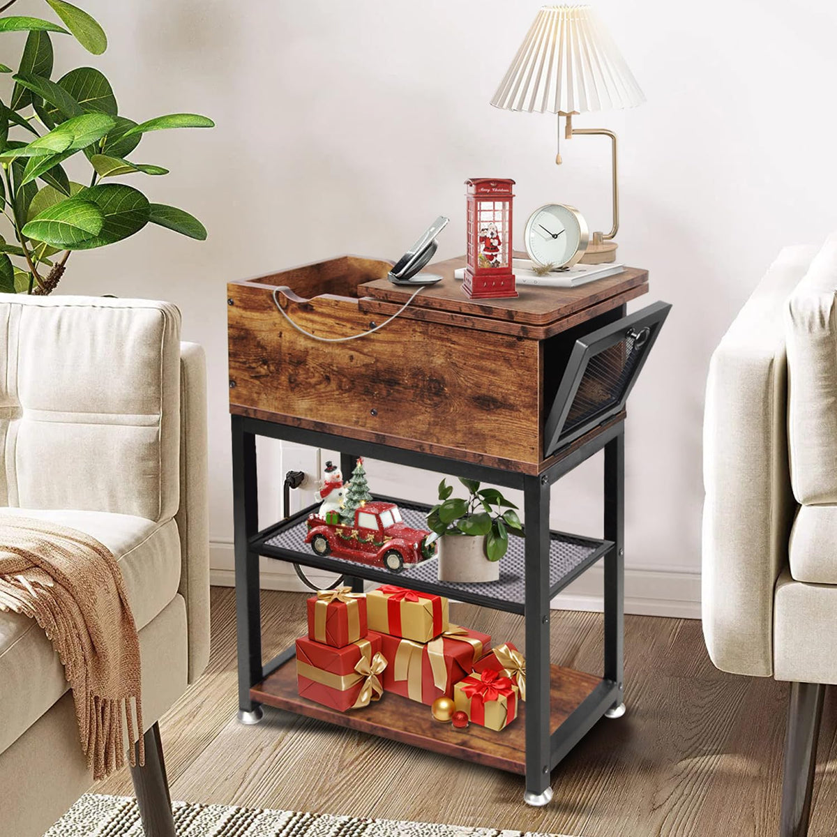 End Tables for Living Room, 28 inch Tall Side Table, End Tables with USB Ports and Outlets, 8.4" Super Deep Drawer, Flip Top End Table with Charging Station, Sturdy Steel X-Shaped Frame, Holds 216lbs
