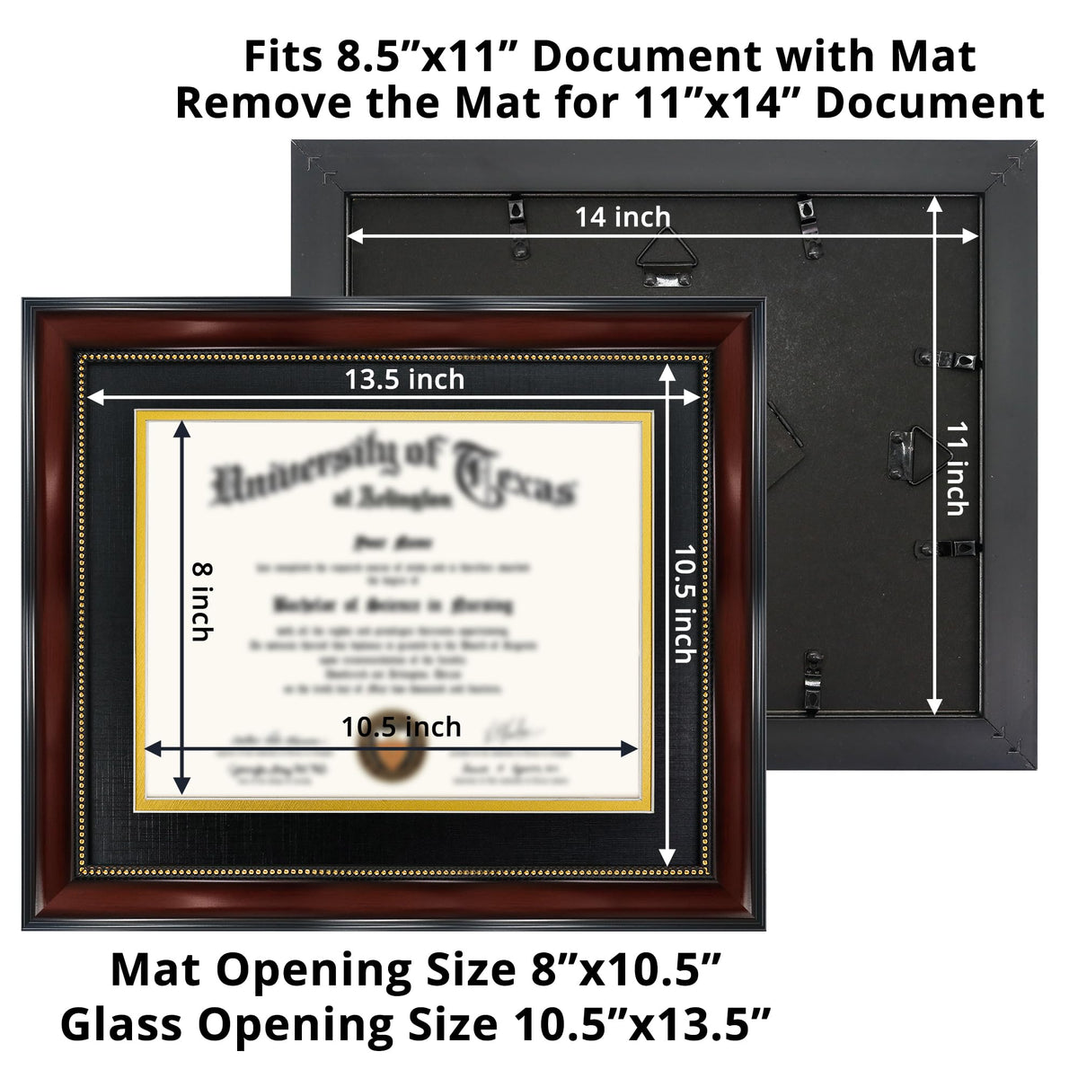 GraduationMall 8.5x11 Diploma Frame with Black over Gold Mat or Display 11x14 Document without Mat, UV Protection Acrylic, Mahogany with Gold Beads, Set of 2