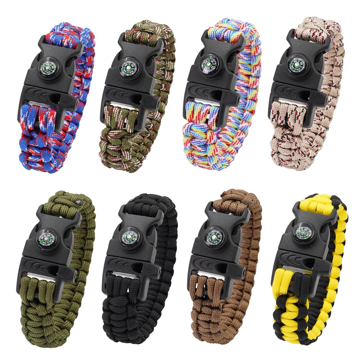 RLXMARTD 8 Pack Emergency Survival Bracelet with Whistle and Compass,Survival Kit,Wildness Emergency Survival Kit for Camping,Outdoor Travel, Hiking
