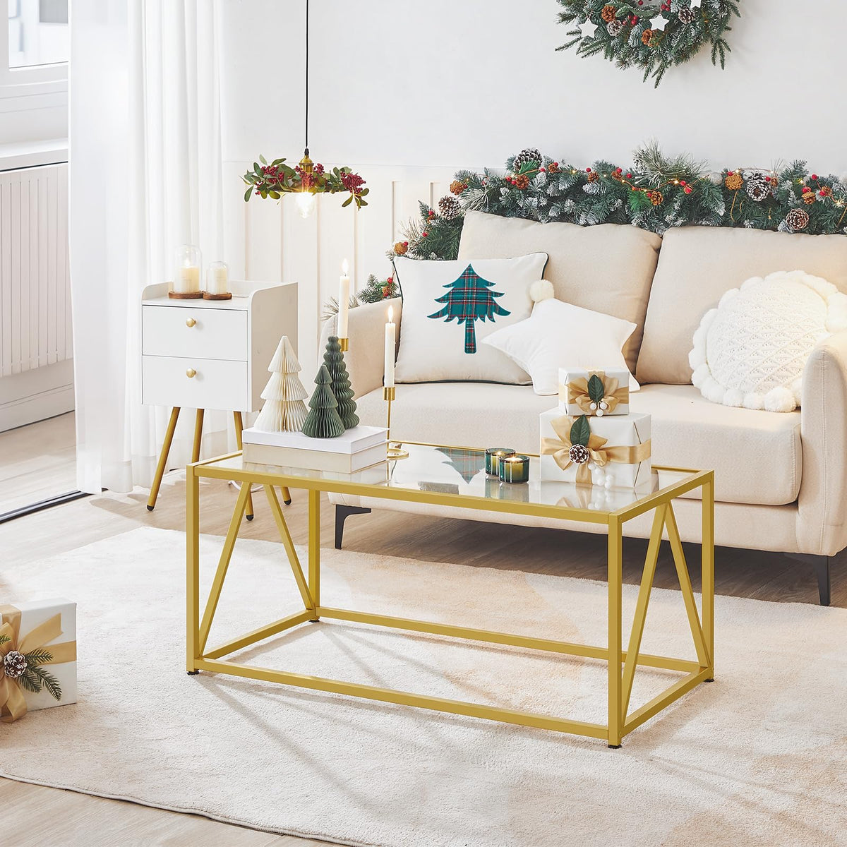 HOOBRO Glass Coffee Table, Gold Coffee Tables for Living Room, Gold Glass Coffee Table,1 Layer Center Table, Modern, for Apartment, Office, 39.4 x 19.7 x 17.7 Inches, Easy Assembly, Golden GD04KF01