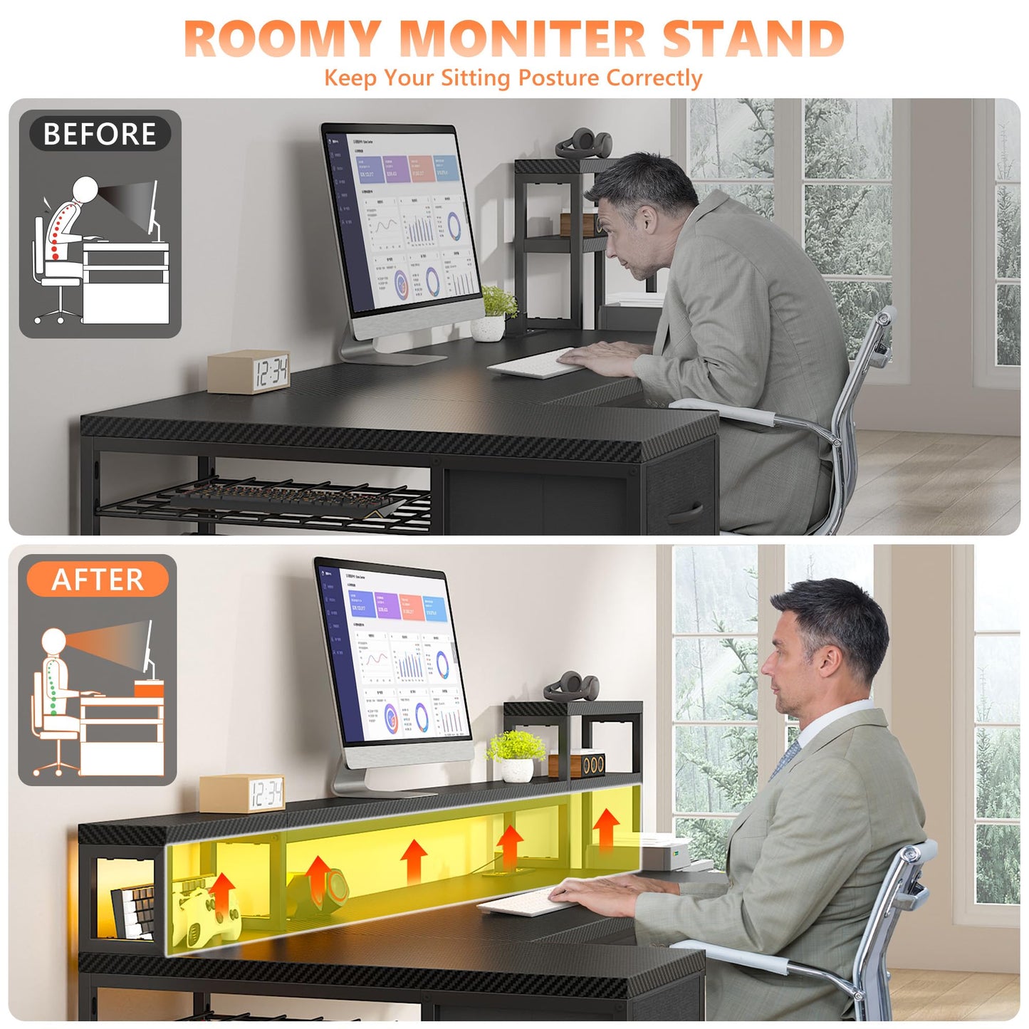 71" L Shaped Gaming Desk with 3 Drawers & Hutch,Computer Desk with Monitor Stand & Power Outlet,Home Office Desk Reversible Black Desk with LED Light,Printer Shelf for Home Office,Black Carbon Fiber