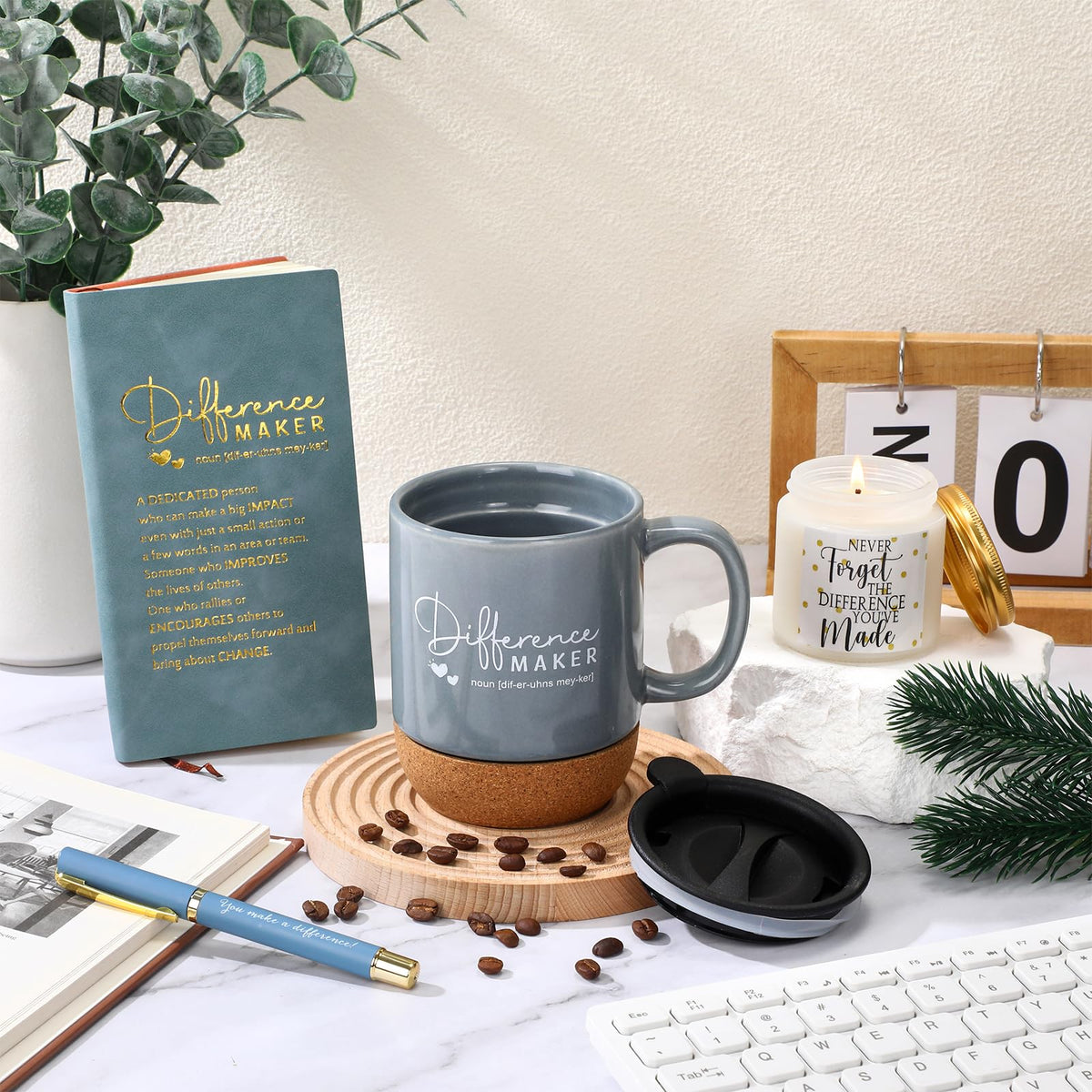 Vesici 4 Pcs Difference Maker Gift for Women Men Difference Maker Mug Notebook Candle Motivational Pen Employee Appreciation Gift for Volunteer Paraprofessional Coworker Secretary(Dark Blue,Word)