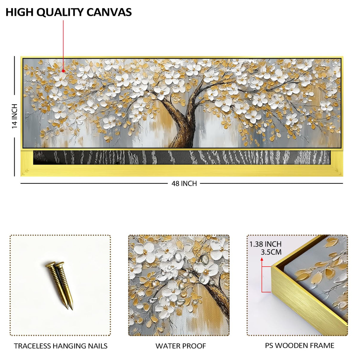 Abstract Tree Canvas Wall Art Gold Framed Modern Office Decorations,Yellow Gray Wall Decor Nature Blossom Flowers Trees Scenery Painting Poster Modern Artwork for Bedroom Home Decorations 14x48”