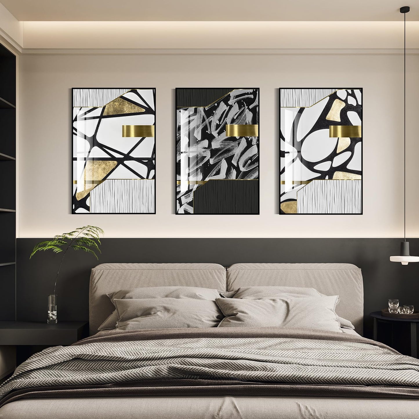 QKF bright abstract geometric wall decoration, modern minimalist black and white wall art, suitable for bedroom, living room, bathroom, office, home poster printing 16 "X 24" inch 3-piece set