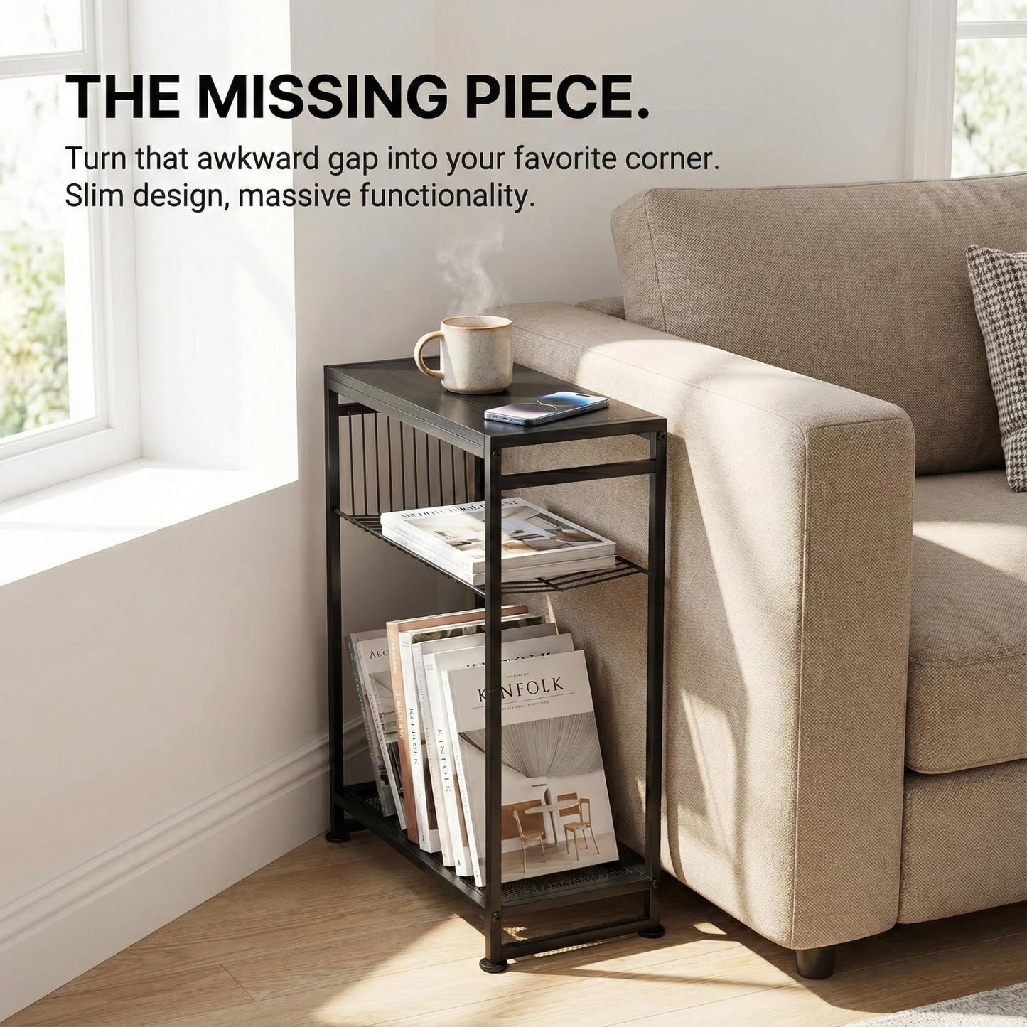 Dulcii Small Side Table for Small Spaces - Slim End Table with Magazine Holder - 2 in 1 Design Narrow End Table Living Room - Skinny Bedside Table Nightstand Bedroom Thin Side Table, Black