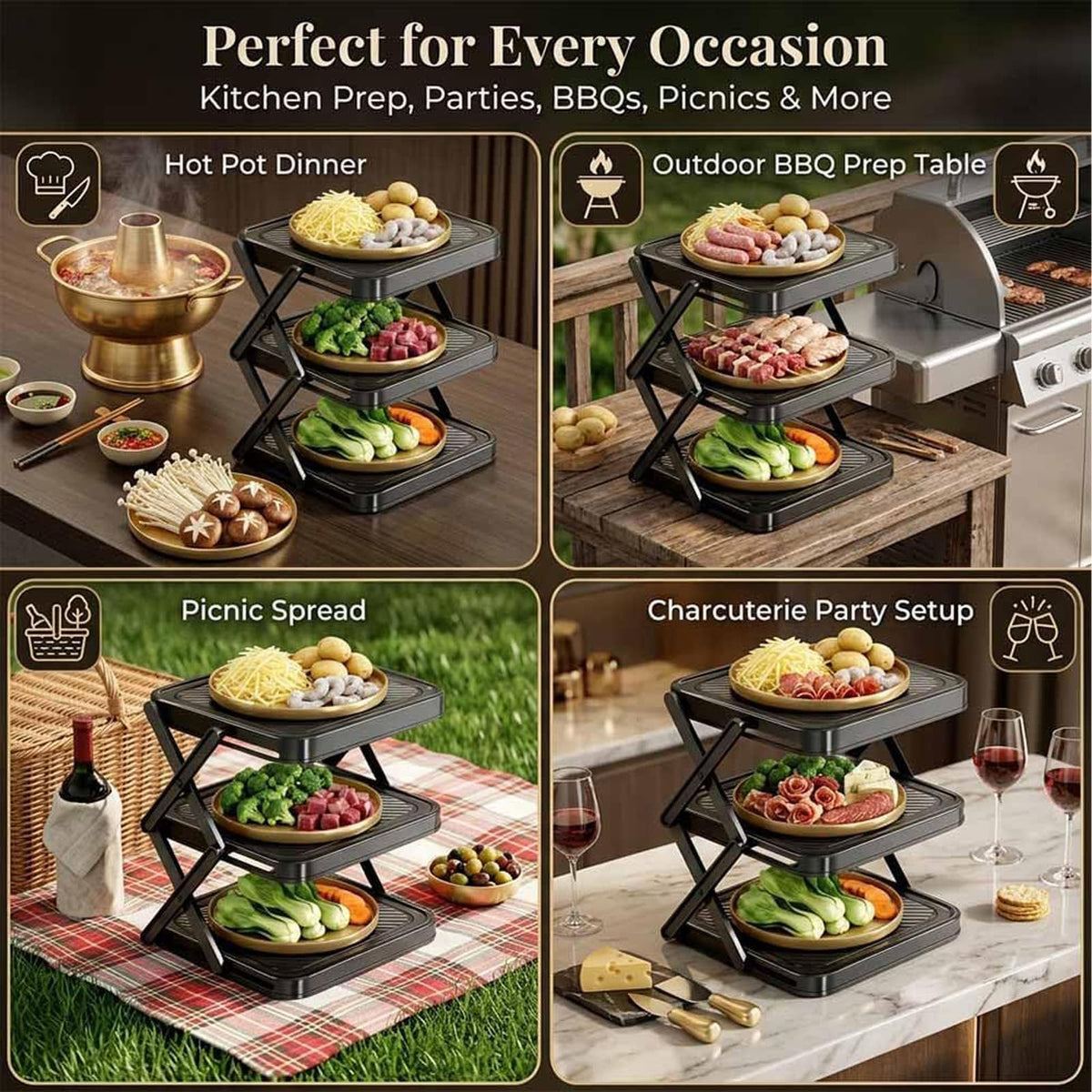 DFKSVCA Multi-Layer Dish & Prep Tray Storage Rack, Foldable 3-Tier Dish Rack with Removable Layers and Utensil Drying Holder, Compact Dish Organizer for Kitchen Counter, Parties and Picnics (Black)